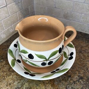 Vintage Jay Wilfred Wash Basin‎ w Pitcher Olive Vine 10 Inch Italy Pottery READ